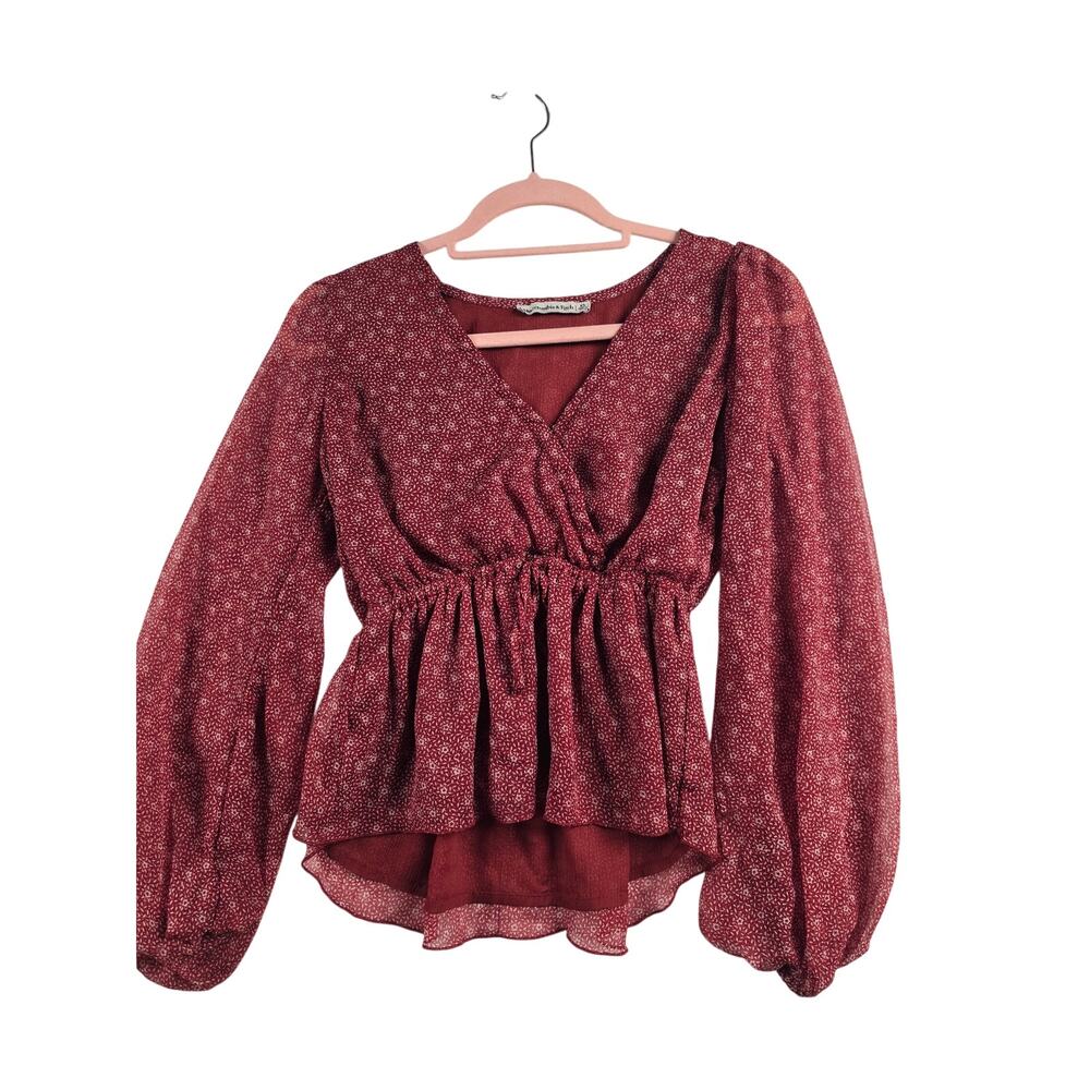Abercrombie & Fitch XS Burgundy Floral Peplum Blouse Balloon Sleeve 0134